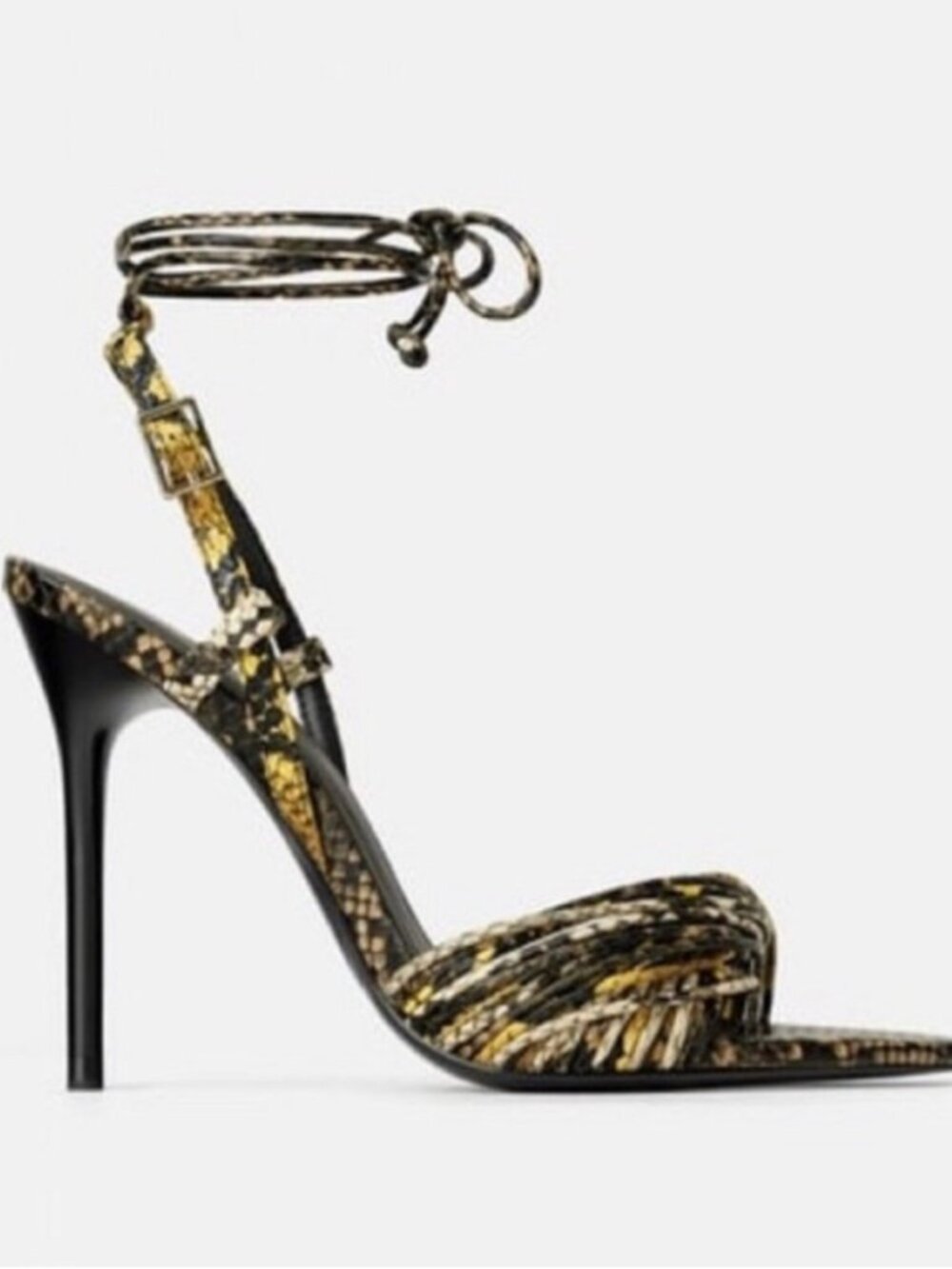 Zara Black/Yellow Snakeskin Lace Up/Ankle Wrap Sandal Heels